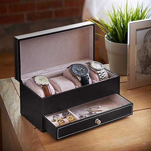 VonHaus Scatola 4 Orologi e Gemelli Ecopelle Nera