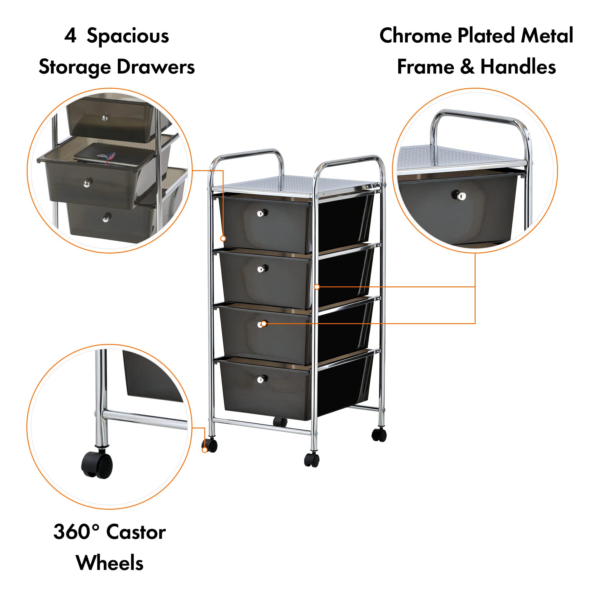 VonHaus Carrello 4 Cassetti Nero Ruote Ufficio