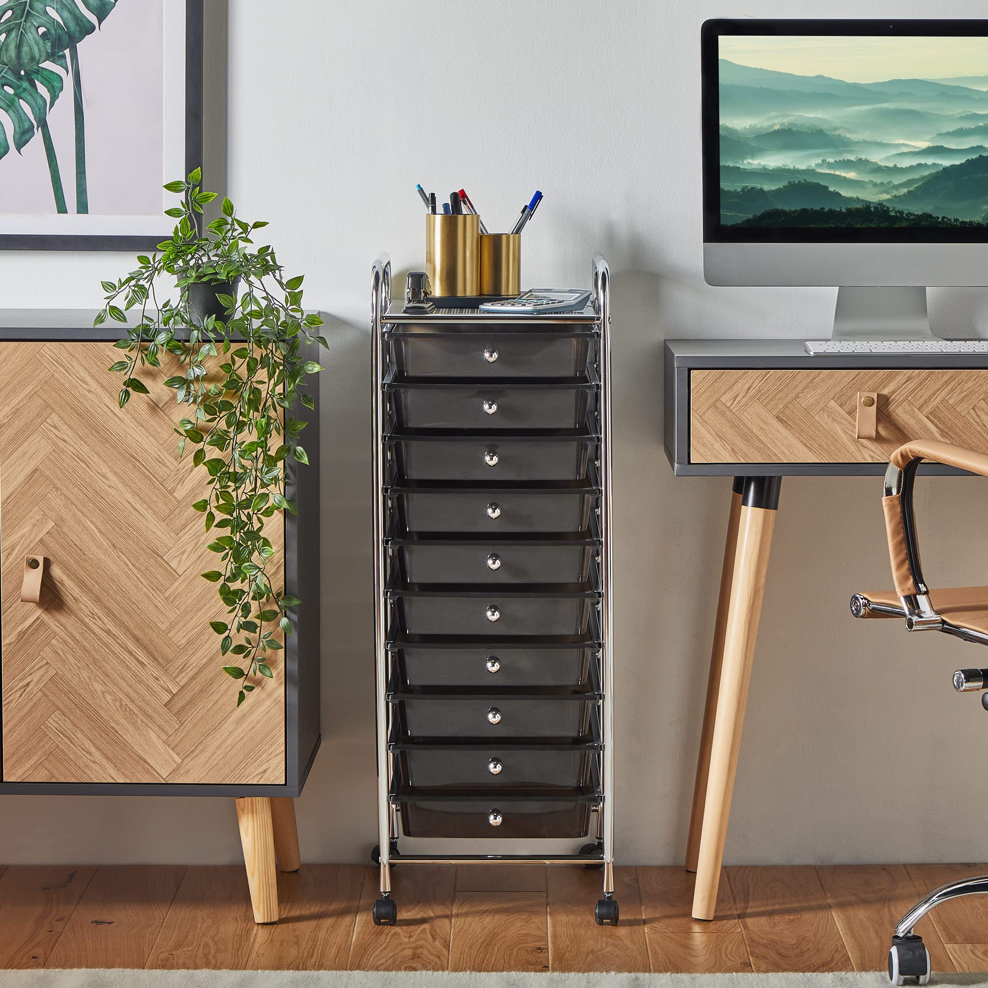 Vonhaus Carrello 10 Cassetti Nero con Ruote 89 cm
