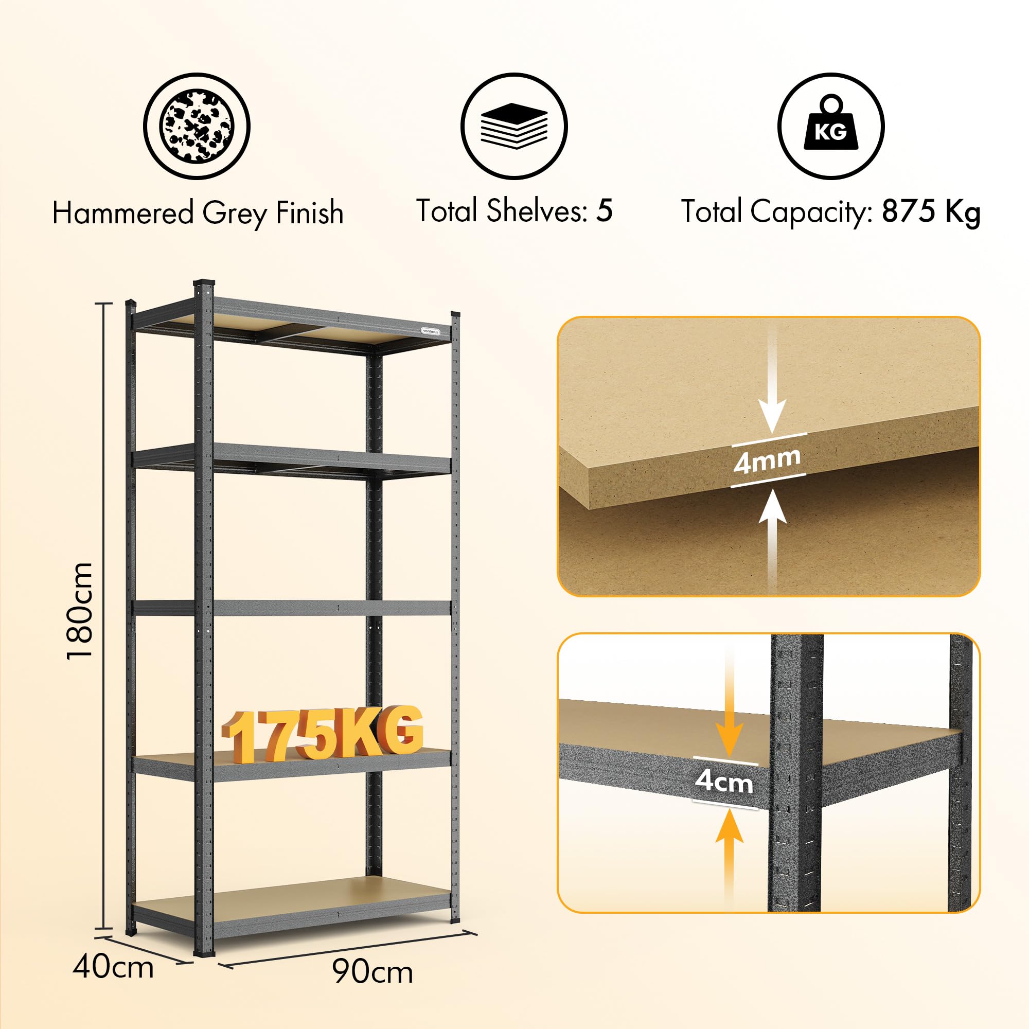 VonHaus Scaffale Garage 5 Ripiani 1,8 m Grigio