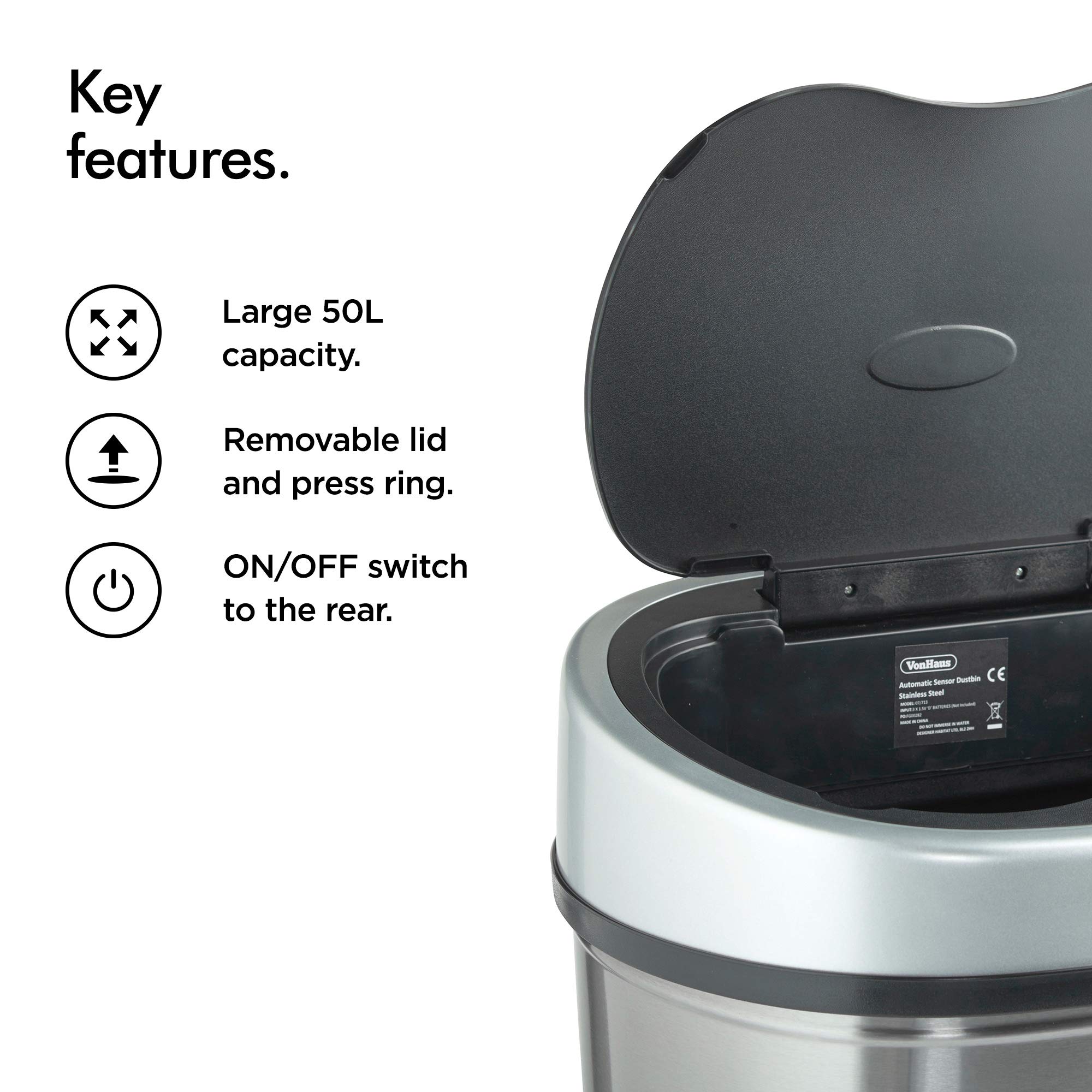VonHaus Pattumiera Sensore 50L Inox Automatica