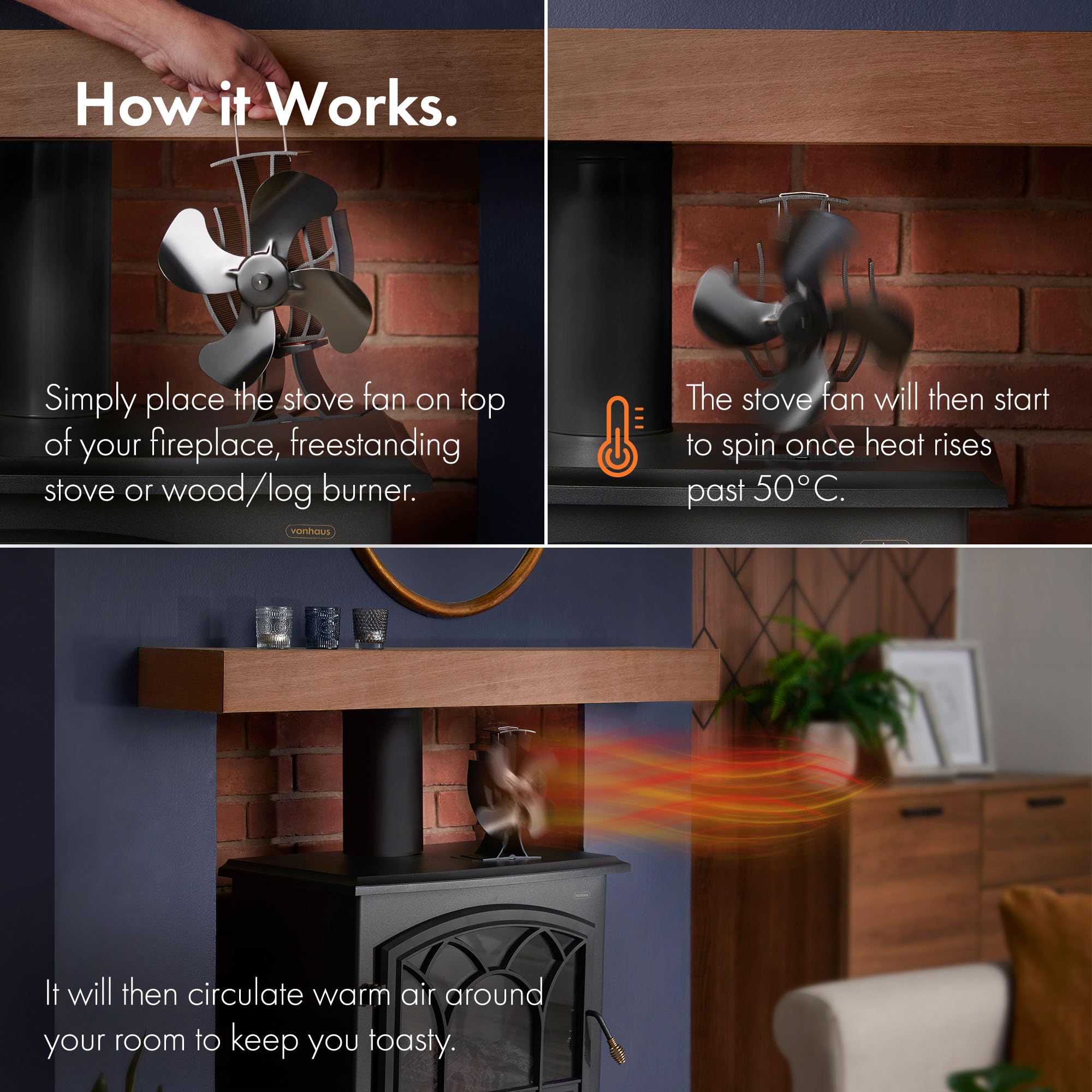Vonhaus ventilatore stufa a calore 4 pale alluminio nero