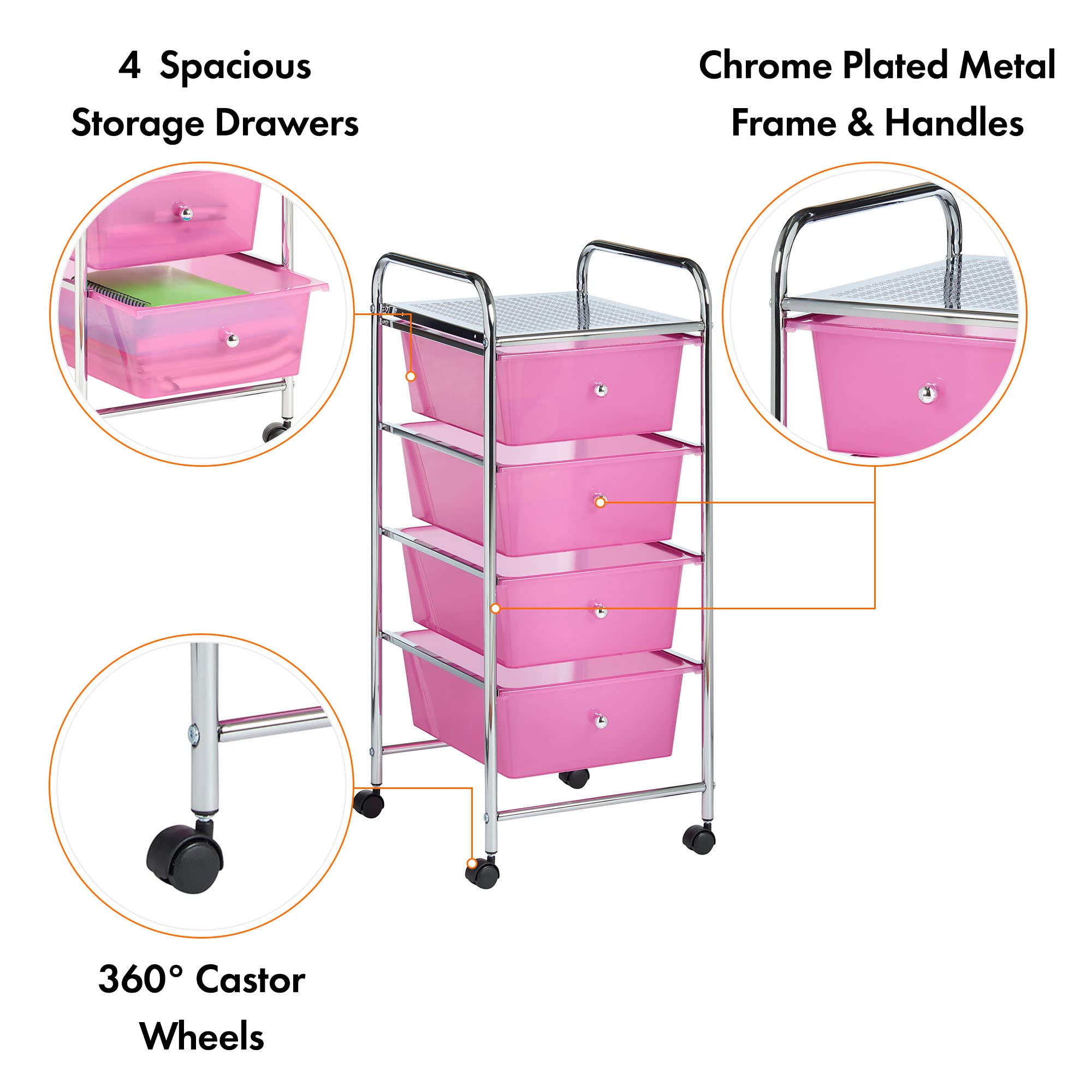 Vonhaus Carrello 4 Cassetti Rosa con Ruote 76 cm