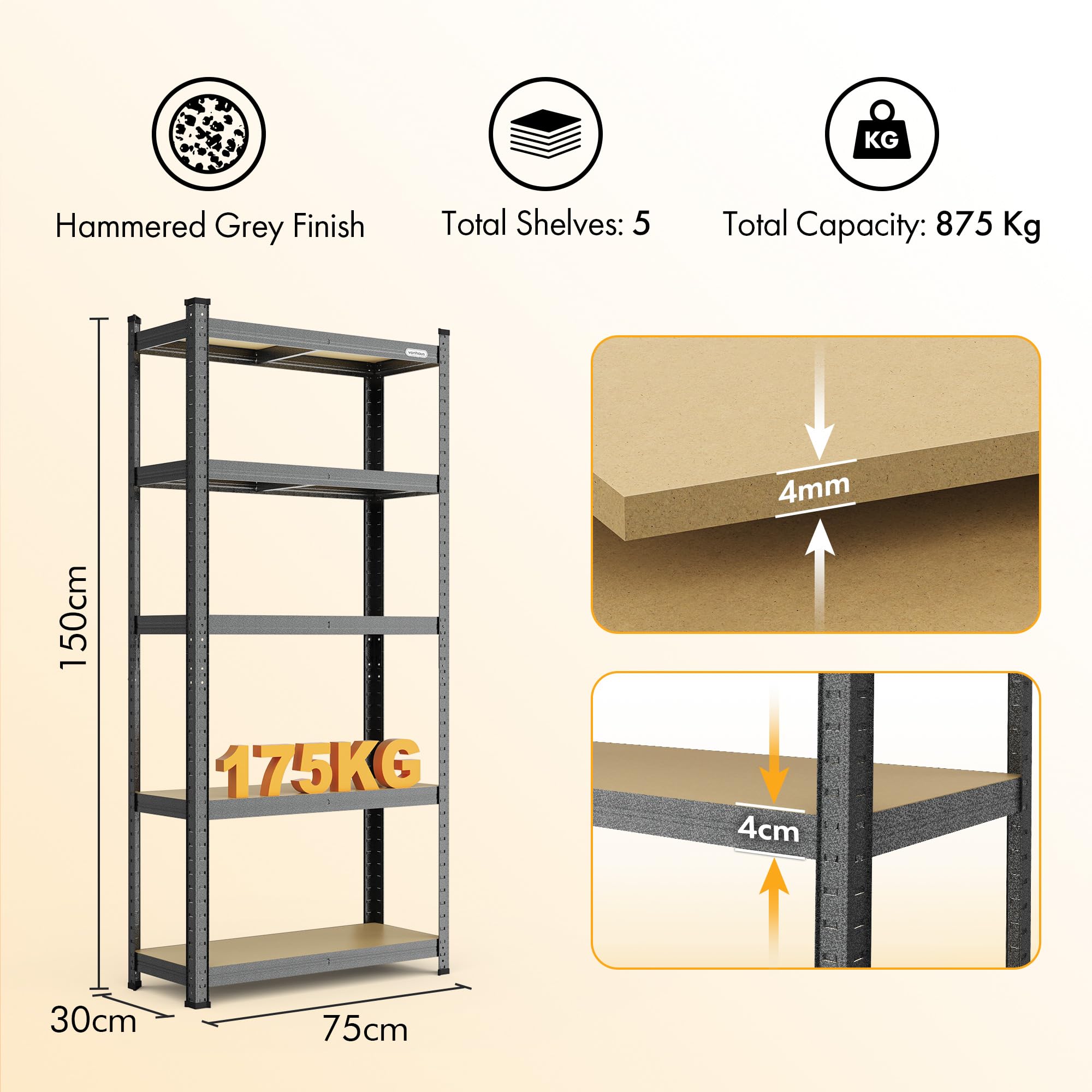 VonHaus Scaffale Garage Metallo 5 Ripiani 150x75x30 Grigio