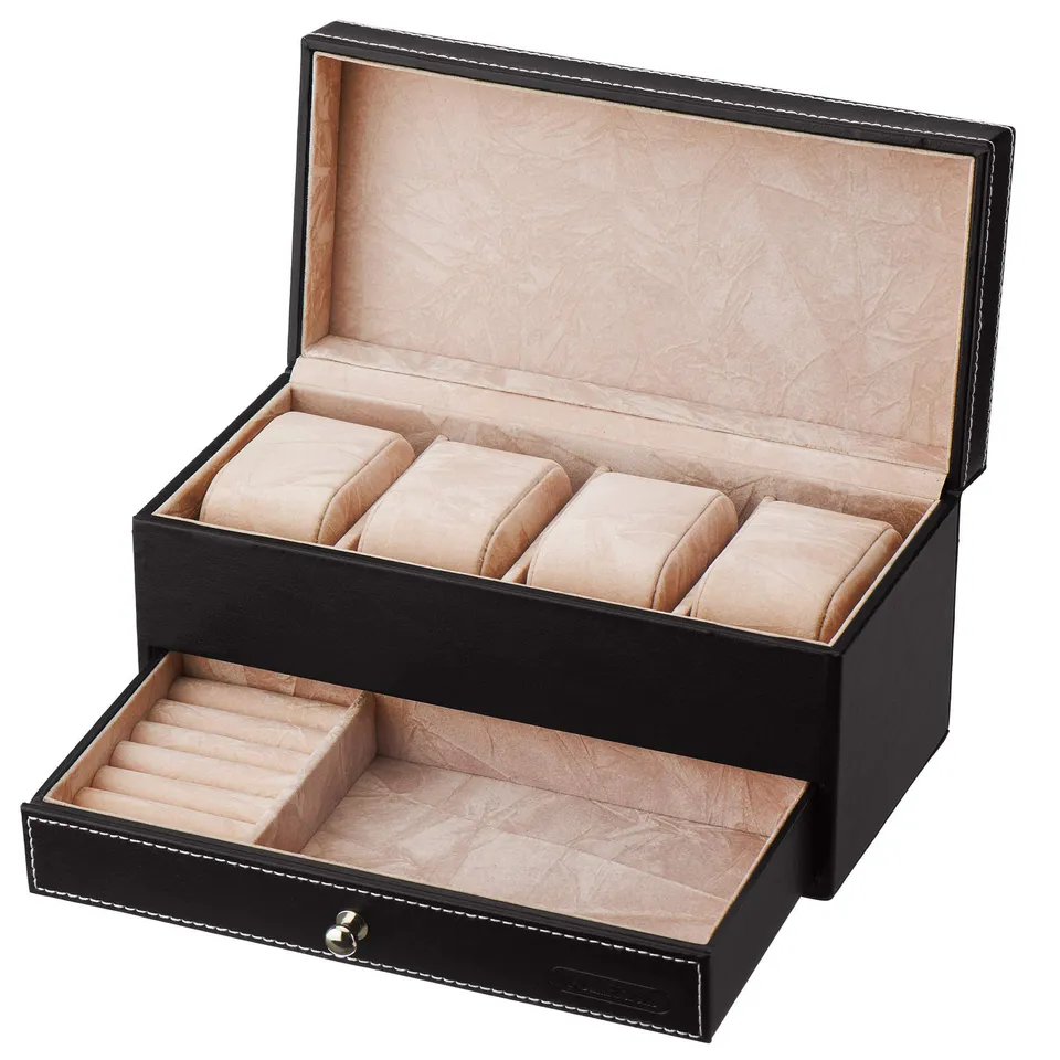 VonHaus Scatola 4 Orologi e Gemelli Ecopelle Nera