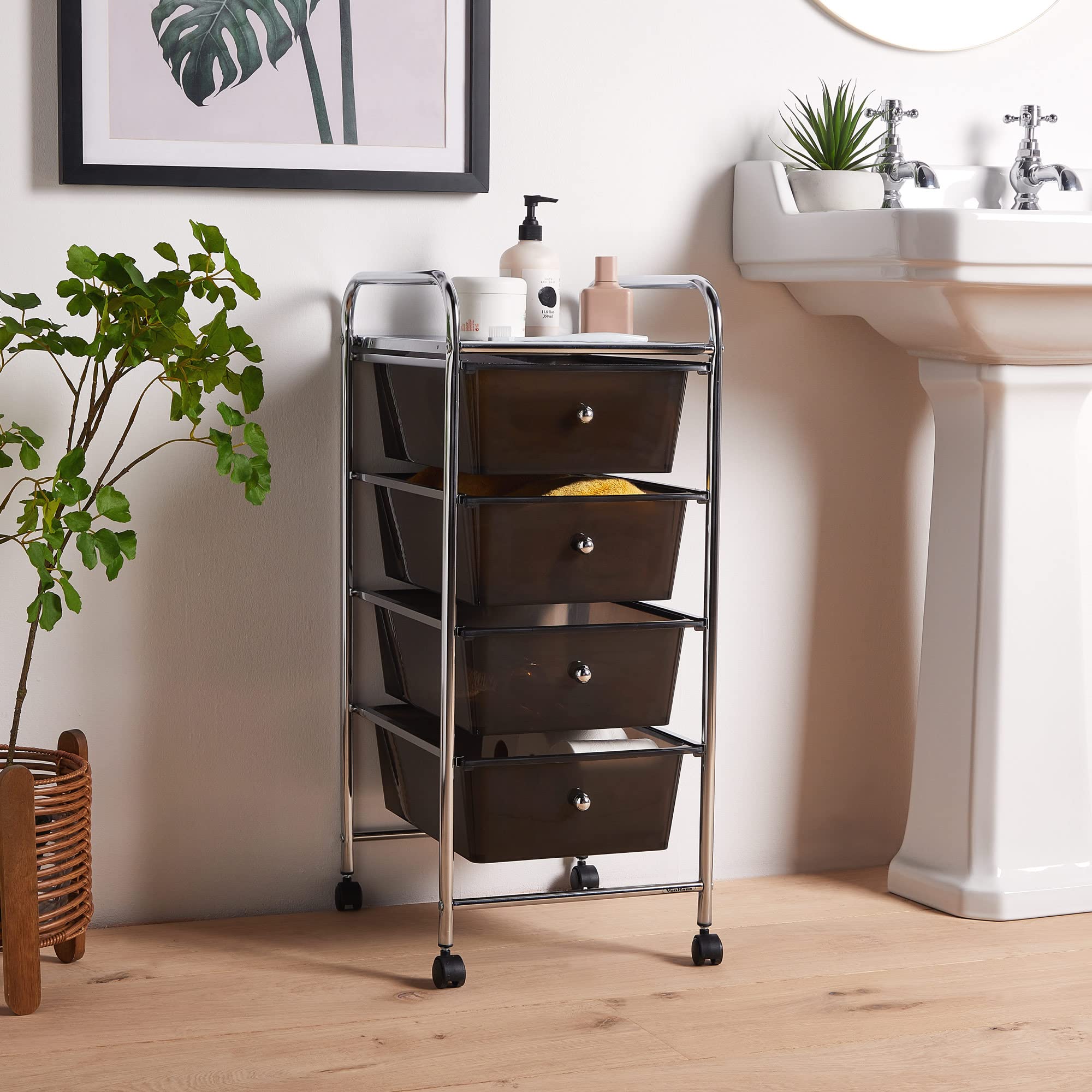 VonHaus Carrello 4 Cassetti Nero Ruote Ufficio