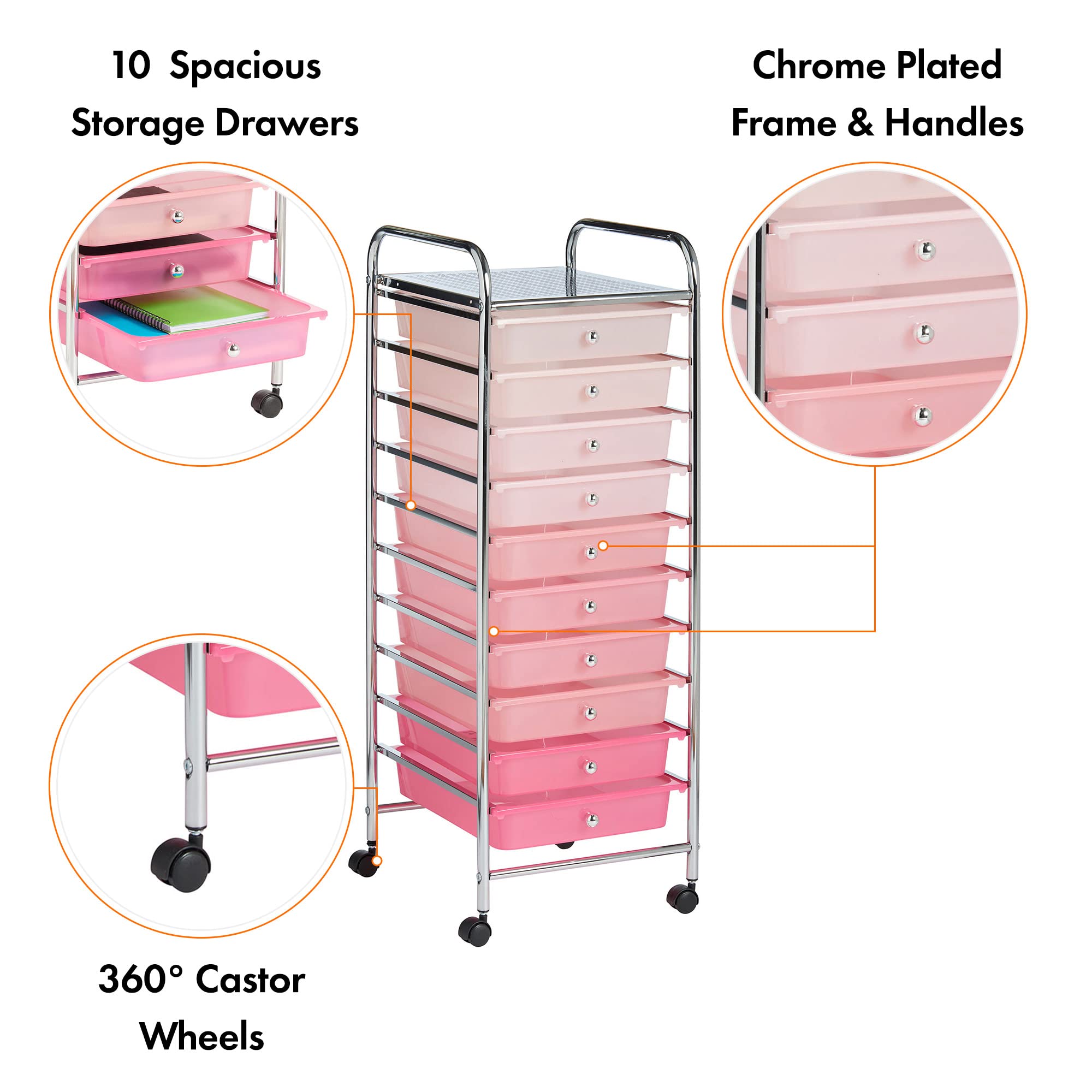 VonHaus Carrello 10 cassetti con ruote rosa per casa