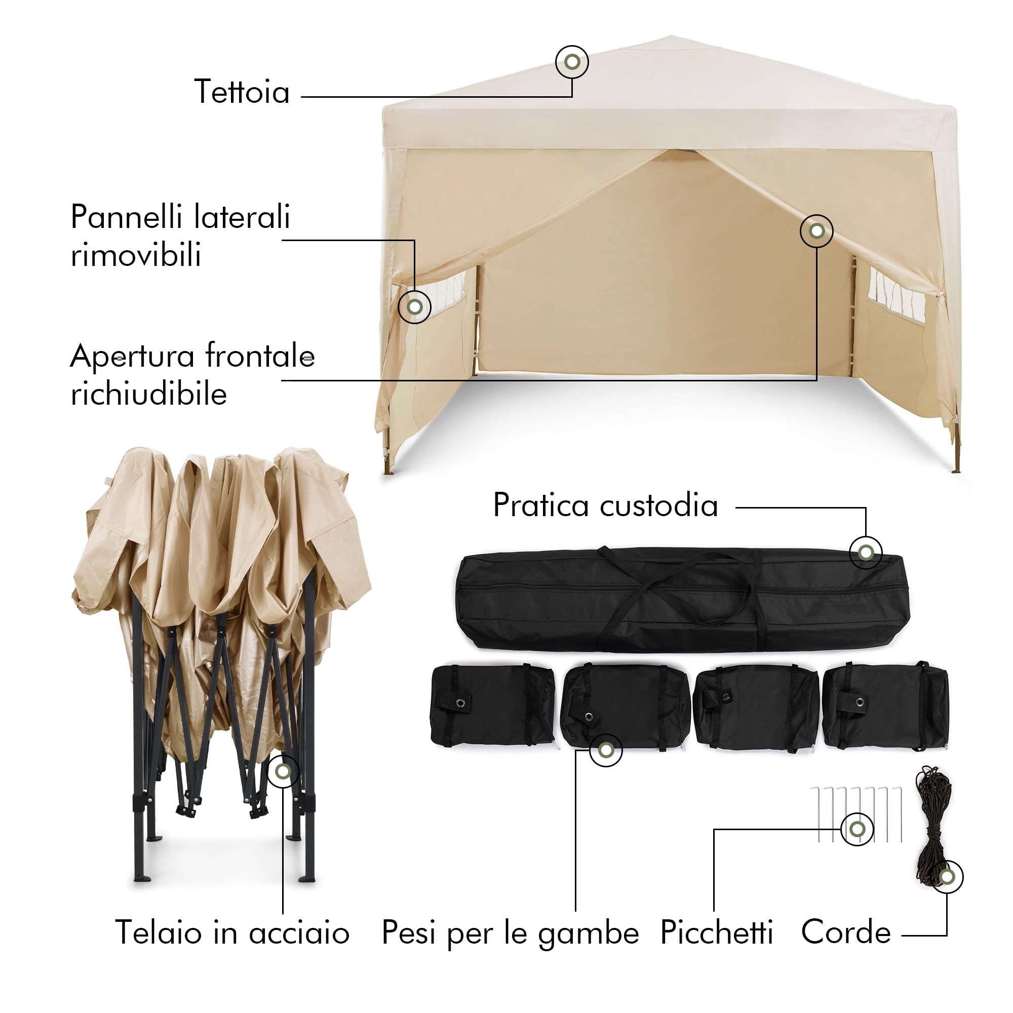VonHaus Gazebo Pieghevole 3x3 m Crema con 4 Pareti