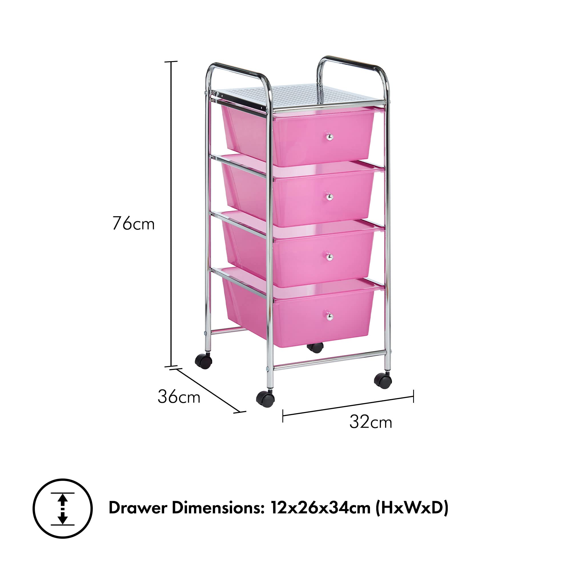 Vonhaus Carrello 4 Cassetti Rosa con Ruote 76 cm