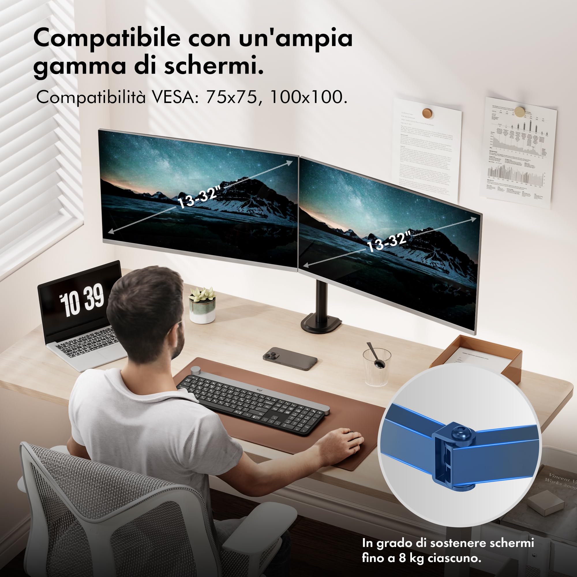 VonHaus Braccio Doppio Monitor 13-32" Regolabile VESA 75/100 Nero