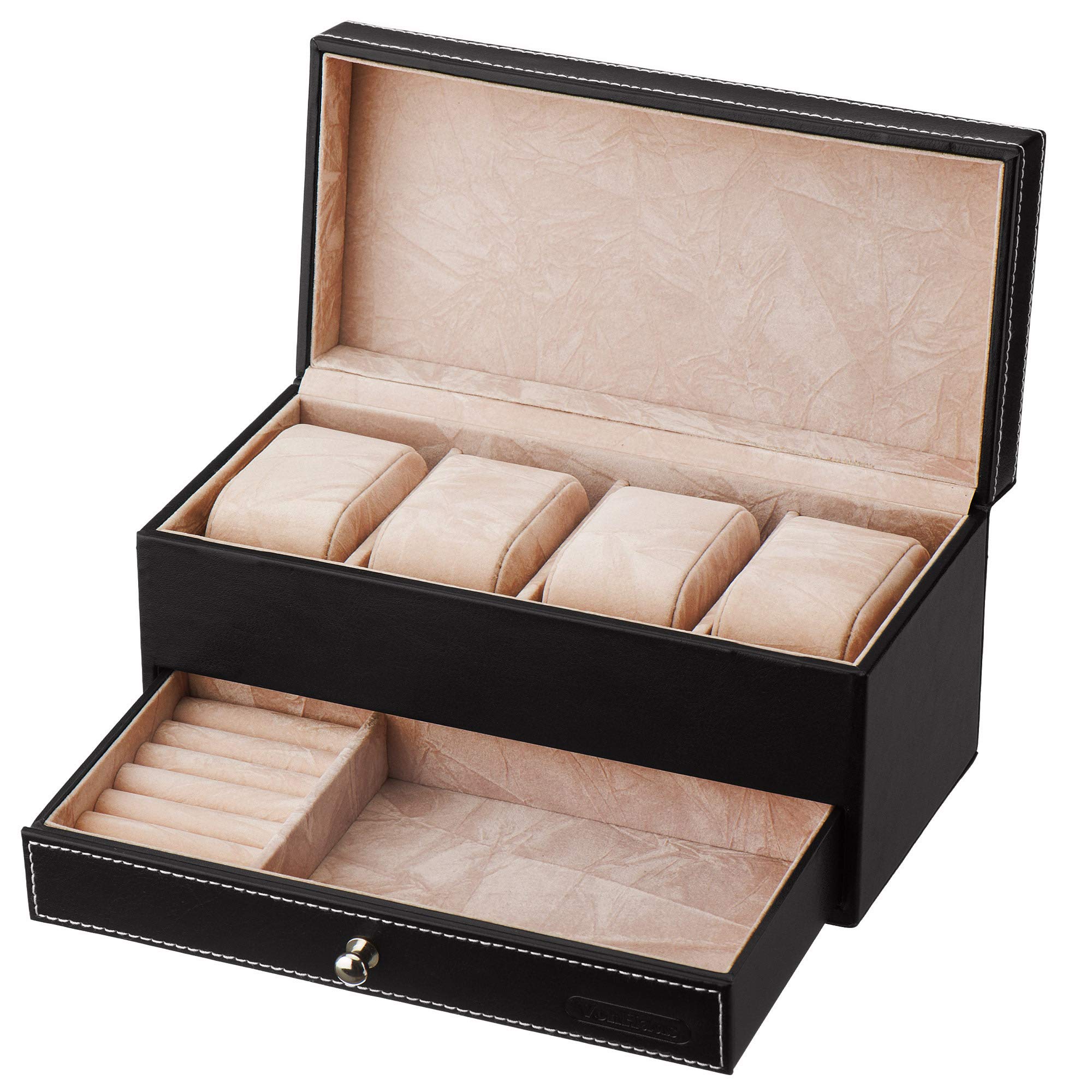 VonHaus Scatola 4 Orologi e Gemelli Ecopelle Nera