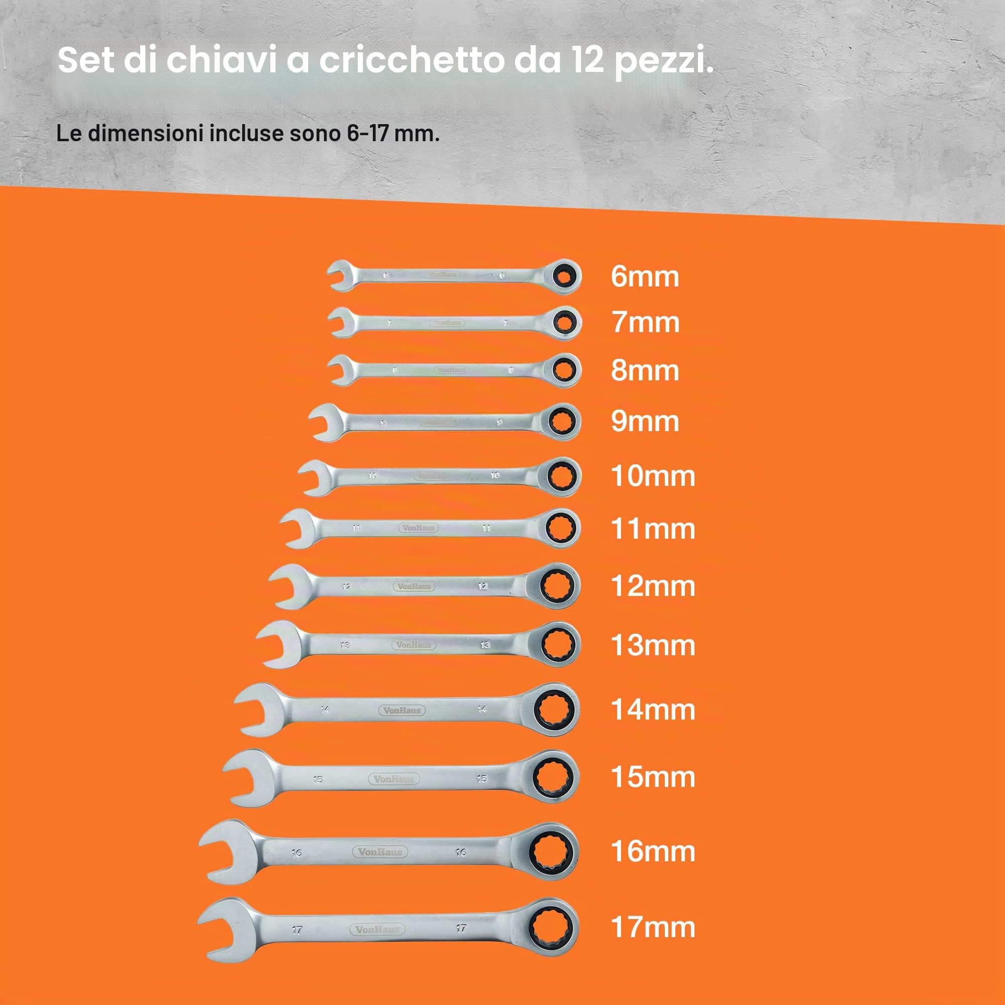 VonHaus Set Chiavi Combinate 12 Pezzi 6-17 mm con Valigetta
